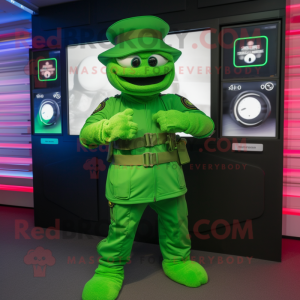 Lime Green Green Beret mascot costume character dressed with a Bodysuit and Digital watches