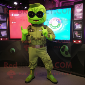 Lime Green Green Beret mascot costume character dressed with a Bodysuit and Digital watches