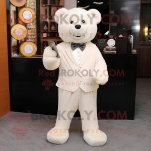 Cream Bear mascot costume character dressed with a Suit Pants and Bracelets
