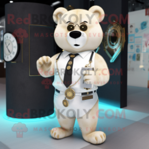 Cream Bear mascot costume character dressed with a Suit Pants and Bracelets