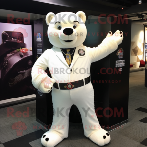 Cream Bear mascot costume character dressed with a Suit Pants and Bracelets