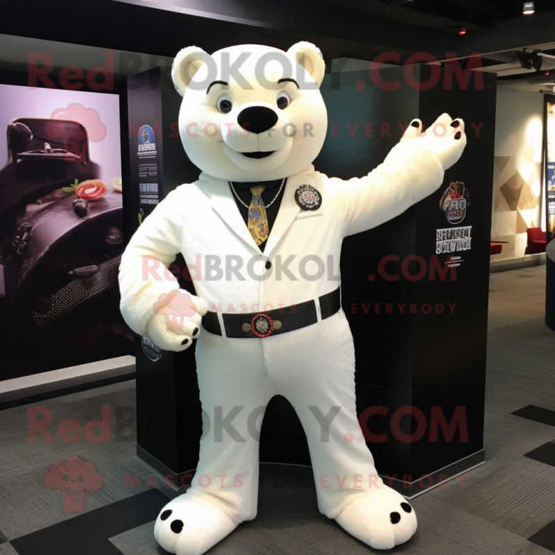 Cream Bear mascot costume character dressed with a Suit Pants and Bracelets Cream Bear mascot costume character dressed with a Suit Pants and Bracelets
