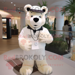 Cream Bear mascot costume character dressed with a Suit Pants and Bracelets