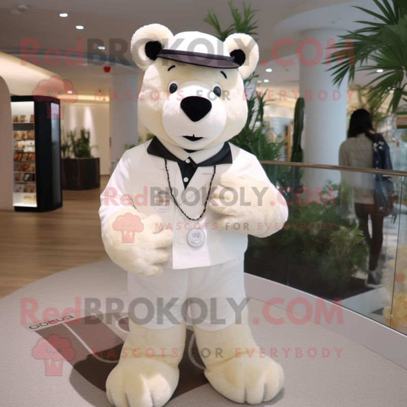 Cream Bear mascot costume character dressed with a Suit Pants and Bracelets Cream Bear mascot costume character dressed with a Suit Pants and Bracelets