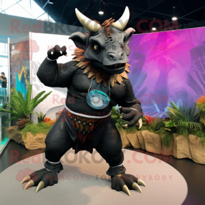 Black Triceratops mascot costume character dressed with a Swimwear and Bracelets