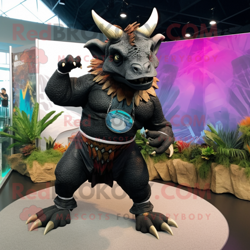 Black Triceratops mascot costume character dressed with a Swimwear and Bracelets Black Triceratops mascot costume character dressed with a Swimwear and Bracelets