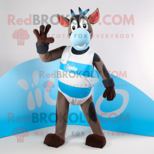 Sky Blue Okapi mascot costume character dressed with a Bikini and Mittens