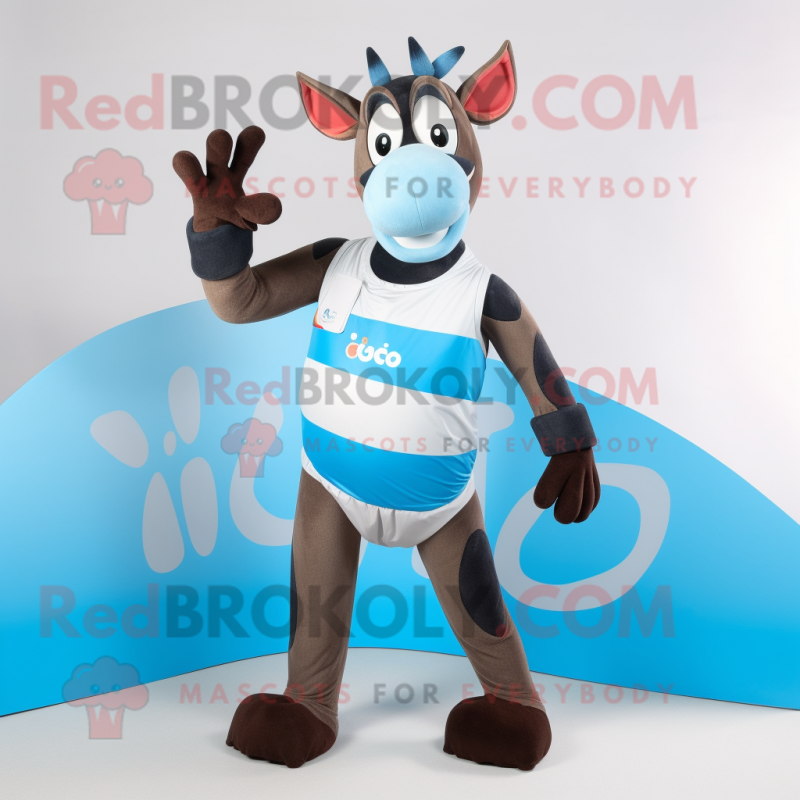 Sky Blue Okapi mascot costume character dressed with a Bikini and Mittens