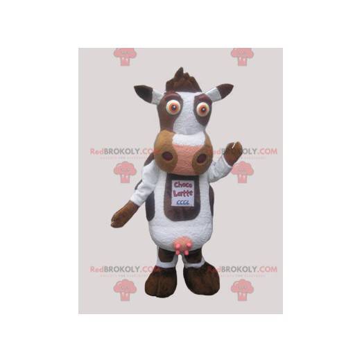 Mascote fofo de vaca branca e marrom - Redbrokoly.com