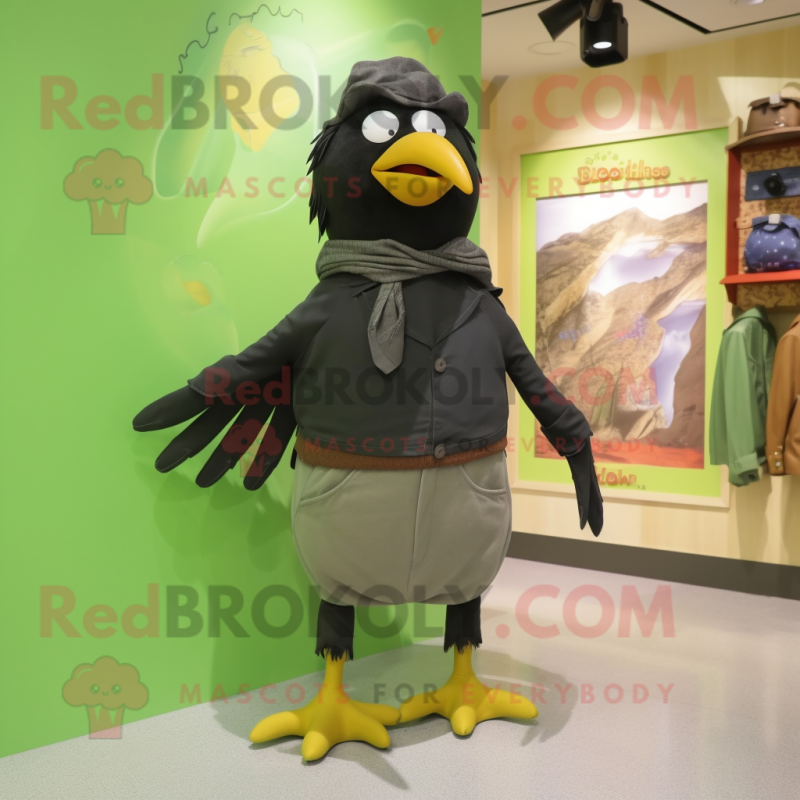Olive Blackbird mascot costume character dressed with a Bermuda Shorts and Scarves Olive Blackbird mascot costume character dressed with a Bermuda Shorts and Scarves