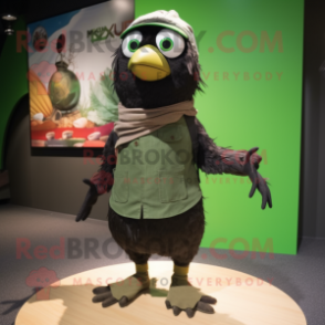 Olive Blackbird mascot costume character dressed with a Bermuda Shorts and Scarves
