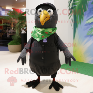 Olive Blackbird mascot costume character dressed with a Bermuda Shorts and Scarves