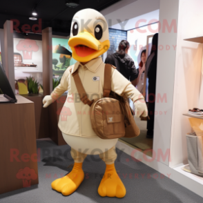 Tan Duck mascot costume character dressed with a Bodysuit and Messenger bags