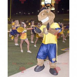 Mascotte de cheval marron en tenue jaune et bleue -