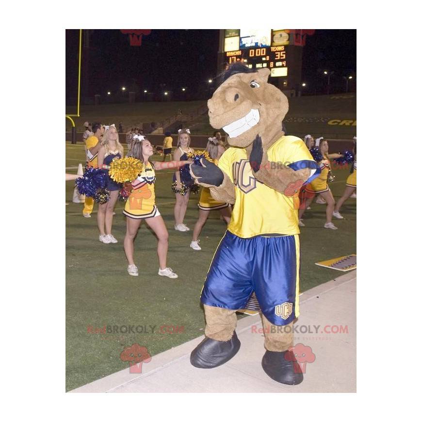 Brown horse mascot in yellow and blue outfit - Redbrokoly.com