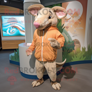 Tan Armadillo mascot costume character dressed with a Windbreaker and Anklets