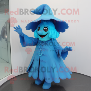 Cyan Witch'S Hat mascot costume character dressed with a Raincoat and Mittens