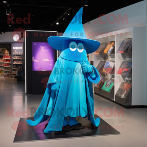 Cyan Witch'S Hat mascot costume character dressed with a Raincoat and Mittens