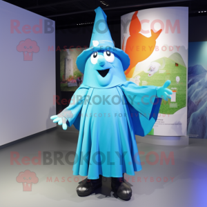Cyan Witch'S Hat mascot costume character dressed with a Raincoat and Mittens