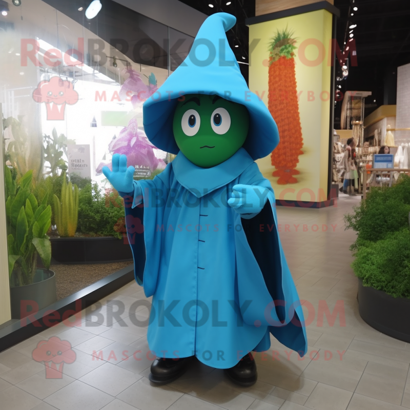 Cyan Witch'S Hat mascot costume character dressed with a Raincoat and Mittens Cyan Witch'S Hat mascot costume character dressed with a Raincoat and Mittens