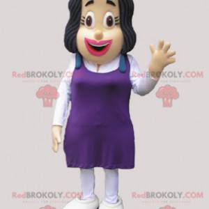 Mascotte de femme brune avec une robe violette - Redbrokoly.com