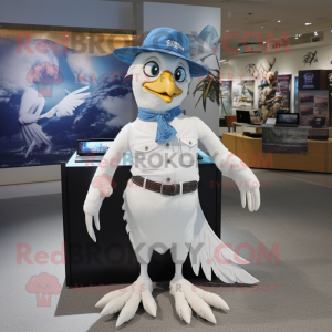 White Archeopteryx mascot costume character dressed with a Denim Shorts and Cufflinks