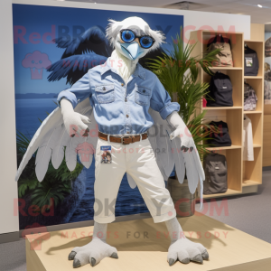 White Archeopteryx mascot costume character dressed with a Denim Shorts and Cufflinks