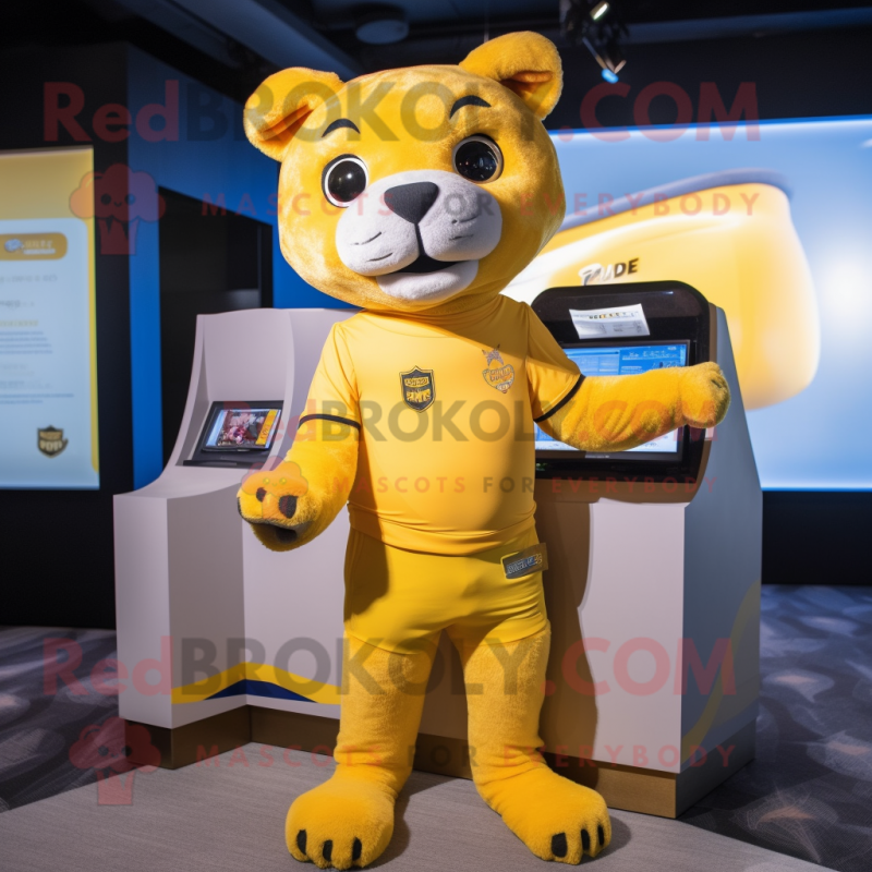 Yellow Puma mascot costume character dressed with a Rash Guard and Wallets Yellow Puma mascot costume character dressed with a Rash Guard and Wallets
