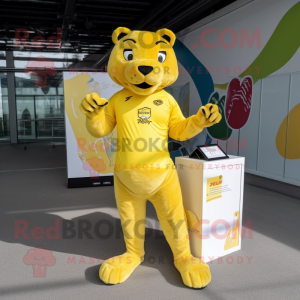 Yellow Puma mascot costume character dressed with a Rash Guard and Wallets