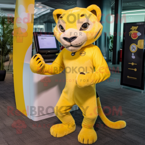 Yellow Puma mascot costume character dressed with a Rash Guard and Wallets