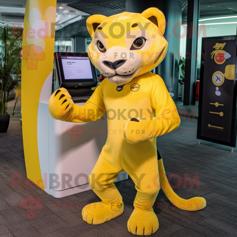 Yellow Puma mascot costume character dressed with a Rash Guard and Wallets Yellow Puma mascot costume character dressed with a Rash Guard and Wallets