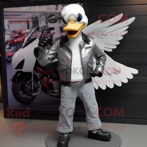 Silver Goose mascot costume character dressed with a Biker Jacket and Shoe clips