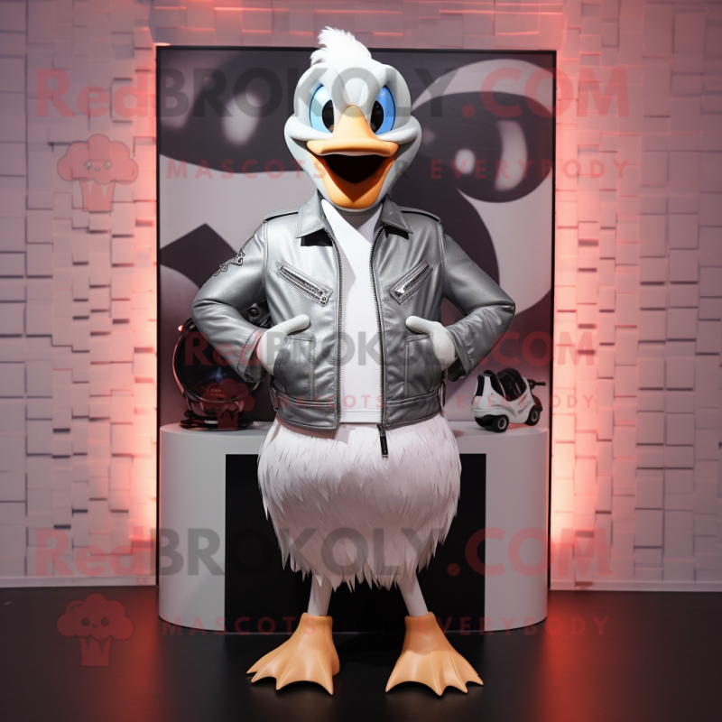 Silver Goose mascot costume character dressed with a Biker Jacket and Shoe clips