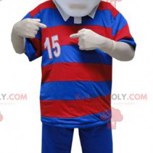Mascot man wearing a striped polo shirt and eyeglasses -