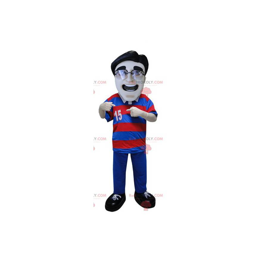 Homem mascote vestindo uma camisa pólo listrada e óculos -