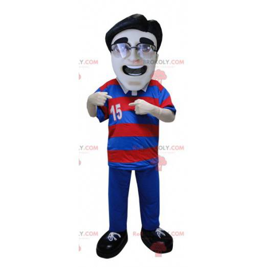 Mascot man wearing a striped polo shirt and eyeglasses -