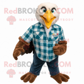 Teal Bald Eagle mascot costume character dressed with a Flannel Shirt and Wallets