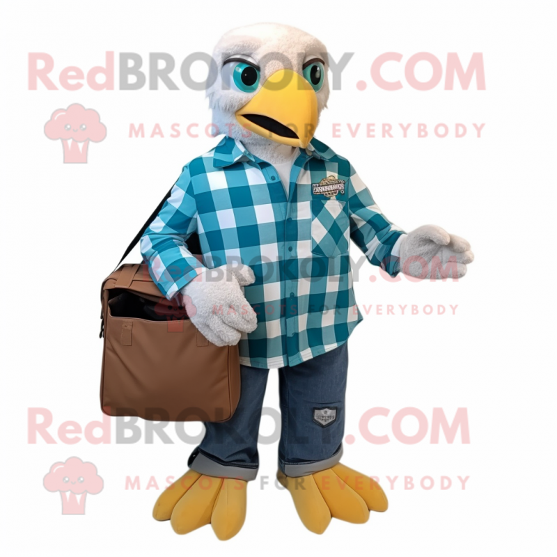 Teal Bald Eagle mascot costume character dressed with a Flannel Shirt and Wallets Teal Bald Eagle mascot costume character dressed with a Flannel Shirt and Wallets
