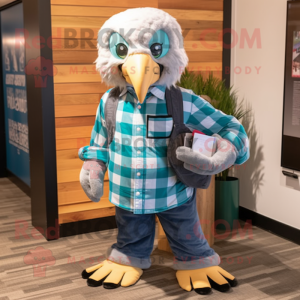 Teal Bald Eagle mascot costume character dressed with a Flannel Shirt and Wallets