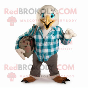 Teal Bald Eagle mascot costume character dressed with a Flannel Shirt and Wallets