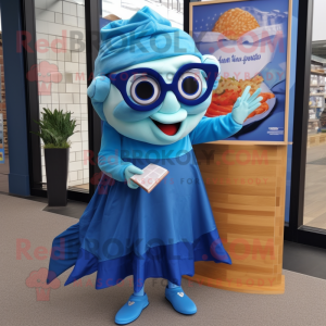 Blue Fish And Chips mascot costume character dressed with a A-Line Skirt and Reading glasses