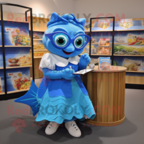 Blue Fish And Chips mascot costume character dressed with a A-Line Skirt and Reading glasses