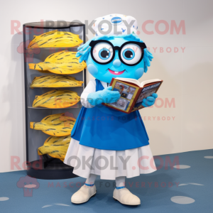 Blue Fish And Chips mascot costume character dressed with a A-Line Skirt and Reading glasses