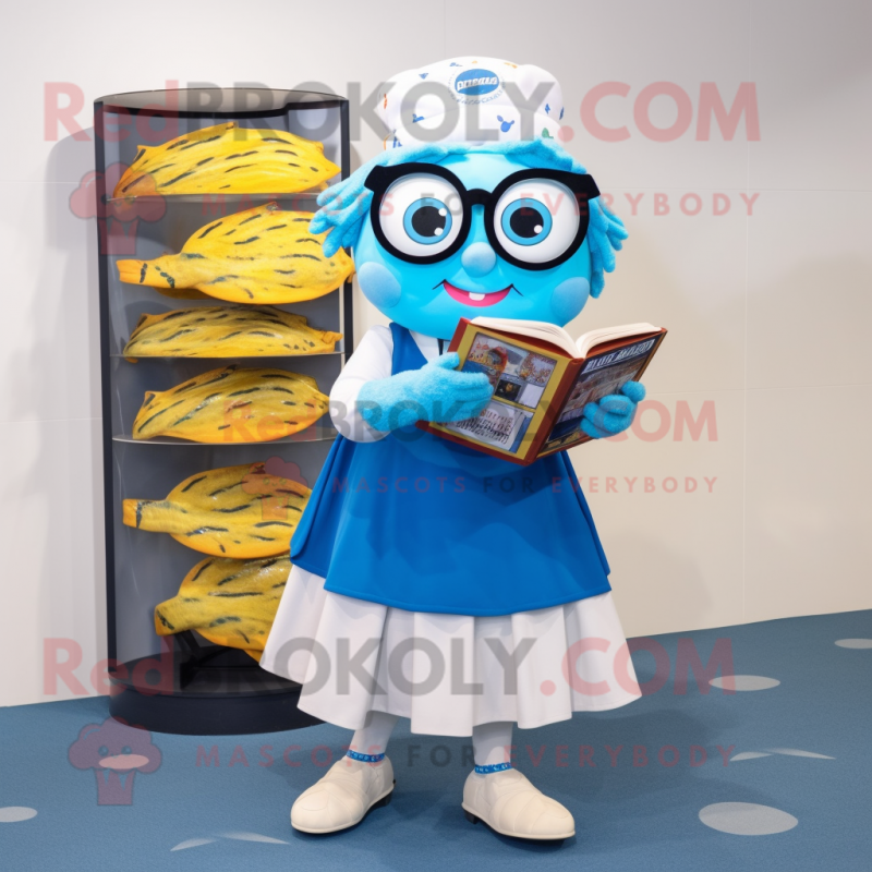 Blue Fish And Chips mascot costume character dressed with a A-Line Skirt and Reading glasses Blue Fish And Chips mascot costume character dressed with a A-Line Skirt and Reading glasses