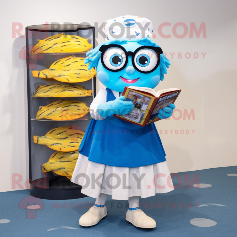 Blue Fish And Chips mascot costume character dressed with a A-Line Skirt and Reading glasses