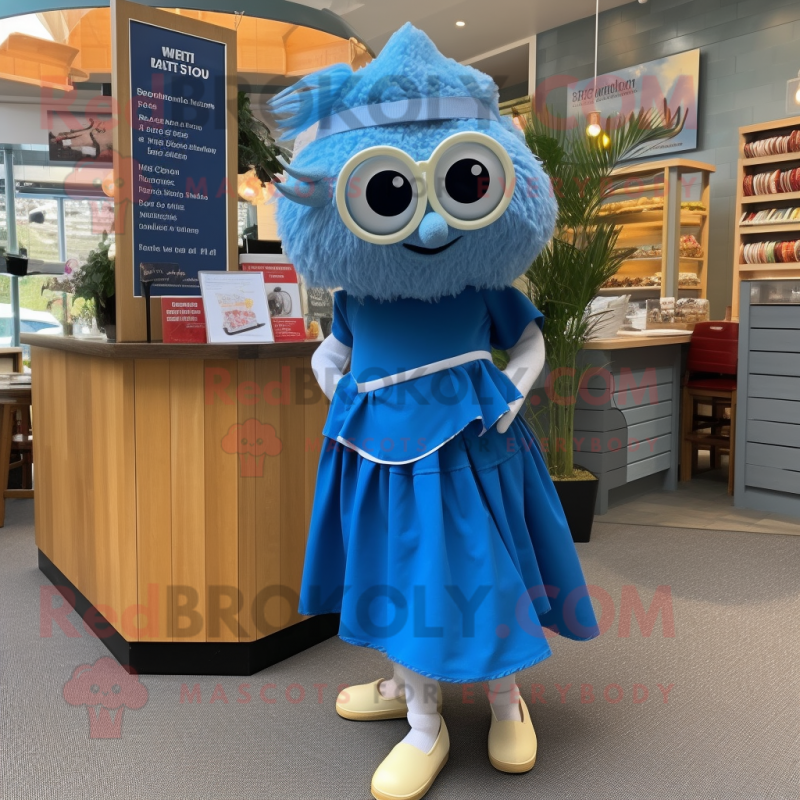 Blue Fish And Chips mascot costume character dressed with a A-Line Skirt and Reading glasses Blue Fish And Chips mascot costume character dressed with a A-Line Skirt and Reading glasses