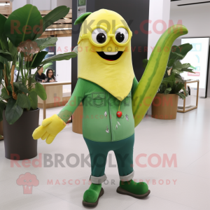 Forest Green Banana mascot costume character dressed with a Bootcut Jeans and Eyeglasses