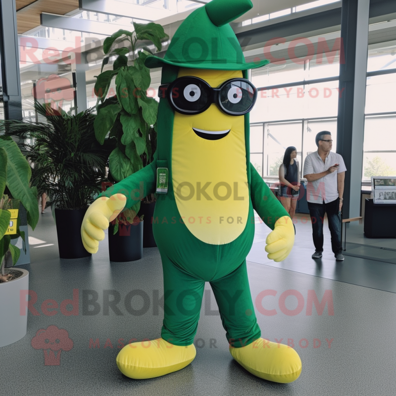 Forest Green Banana mascot costume character dressed with a Bootcut Jeans and Eyeglasses