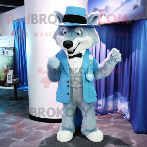 Sky Blue Wolf mascot costume character dressed with a Suit Jacket and Hat pins
