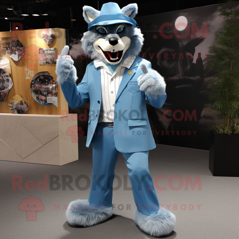 Sky Blue Wolf mascot costume character dressed with a Suit Jacket and Hat pins